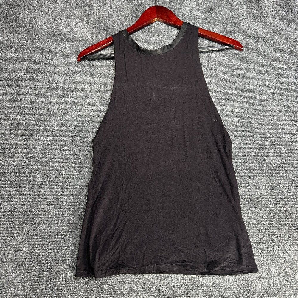 bebe Top Womens XS Tank Back Zip Neck Sleeveless Swing Hem Faux Leather Trim